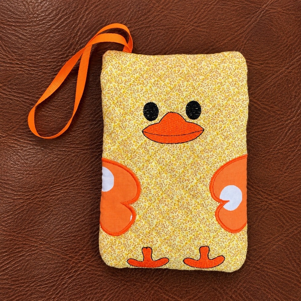 Handmade Quilted Embroidered Duck Pouch Yellow Floral Zippered Wristlet Bag